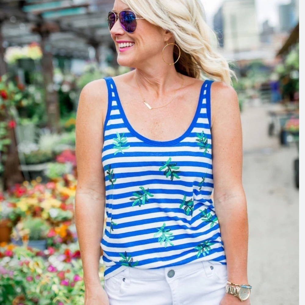 J. Crew Sequined Palm‎ Tree Blue and White Striped Linen Blend Tank Top Size M